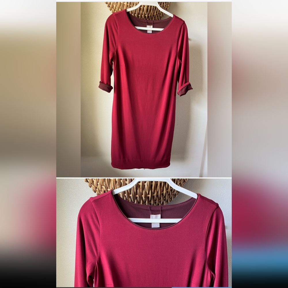 Chicos Reversible Dress Size 4 Plum/Burgundy Three Quarter Length Sleeves